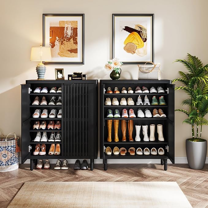 Tribesigns 6-Tier Shoe Cabinet with Shutter Doors, Large Wooden Shoe Organizer Rack with Adjustable Shelves, Modern Farmhouse Hidden Storage Furniture for Entryway, Hallway (Black)
