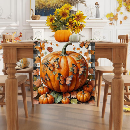 Linen Black and White Buffalo Check Plaid Fall Table Runner 60 Inches Long, Fall Leaves Pumpkin Butterfly Home Kitchen Table Decor, Farmhouse Autumn Thanksgiving Harvest Festival Decorations for Home