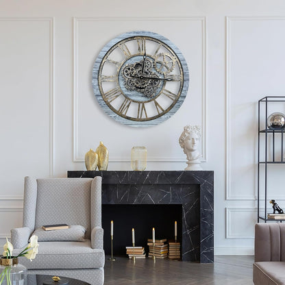 HOIBAI Large Wall Clock, Wall Clocks for Living Room Decor Farmhouse Vintage Rustic Kitchen Wall Decor Vintage Roman Big Oversized Wall Clock for Home Bedroom House Office, Moving Gears Clock