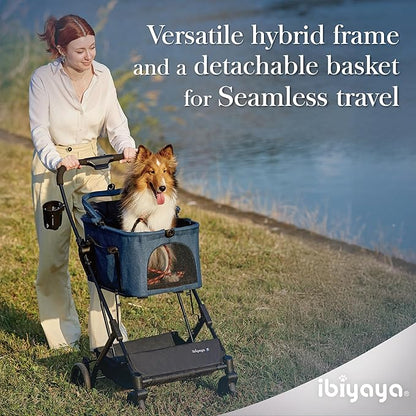 ibiyaya Essential – Travois Tri-Fold Pet Travel System for Medium Dogs, Cats, and More, 3 in 1 Dog Stroller with Detachable Carrier, XL Cabin (Nautical Blue)
