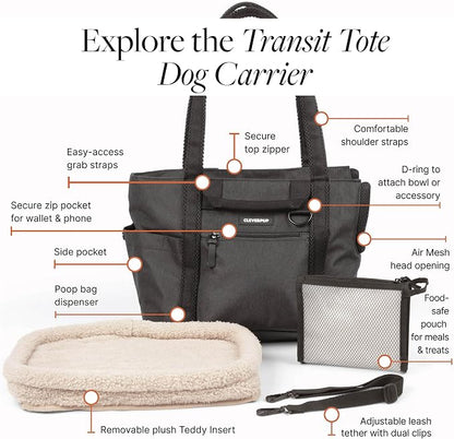 Transit Tote Dog Carrier for Small Dogs Under 8 lbs, 16x11x8 Soft-Sided 4-Pc Set with Waterproof Base, Plush Insert, Food Pouch, Mesh Head Opening - Small Graphite