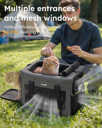 Pecute Cat Carrier, Portable Travel Dog Carrier with Stable Structure, Grey | Larger Space, 360° Ventilation & Comfort, Escape-Proof, for Travel / Car Trips / Vet Visits, Fits Cats up to 11 lbs