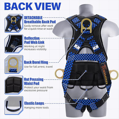 Trsmima Safety Harness Fall Protection - Full Body Harness Men Construction | Men Quick Adjust Buckles and Datachable Pad Tool Bag for Roofing Construction Workers