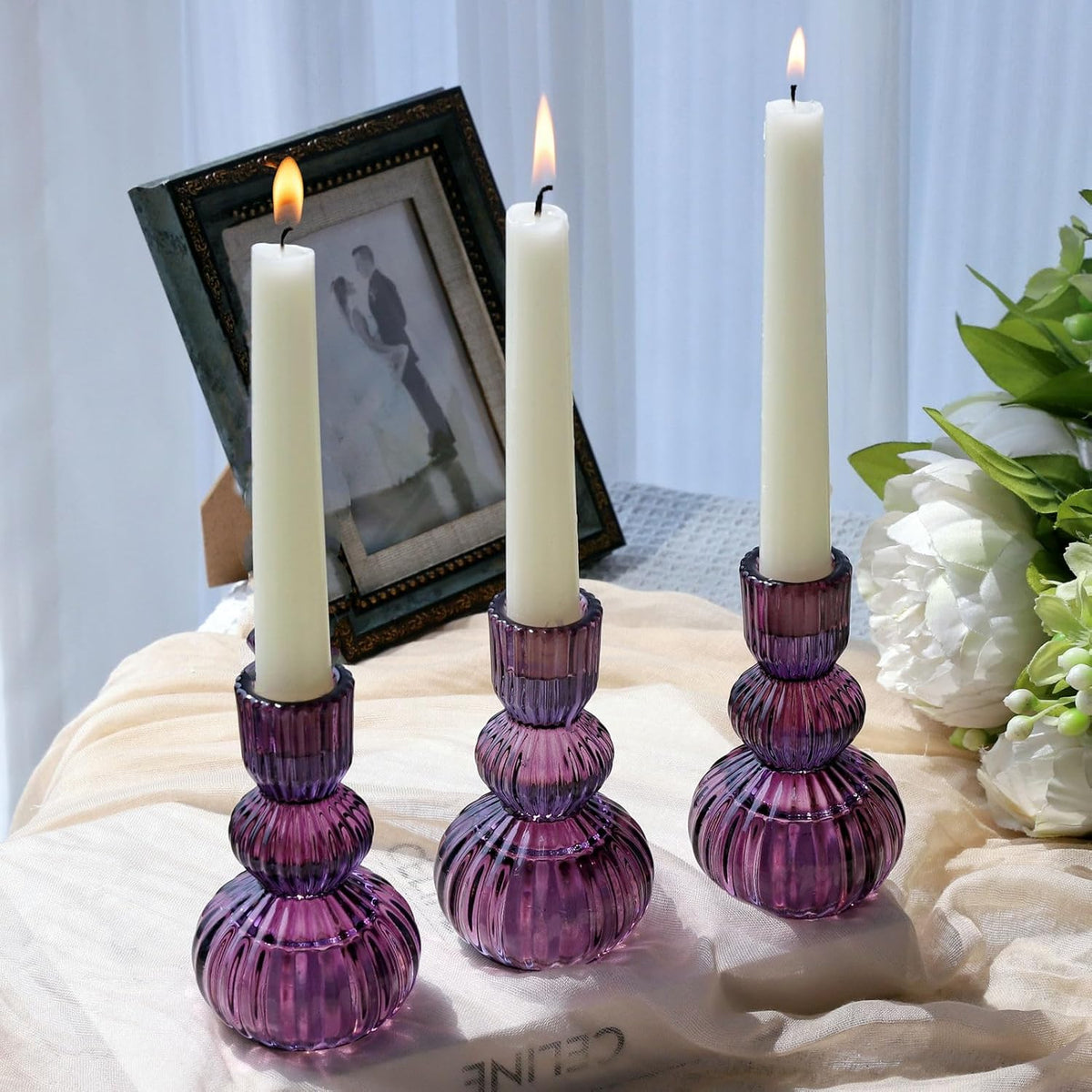 Woho Set of 6 Purple Taper Candle Holders 4.3" H for Halloween Decorations, Vintage Ribbed Glass Candlestick Holders for Wedding Table Centerpiece, Candle Sticks Holder Decor for Holiday Home Decor