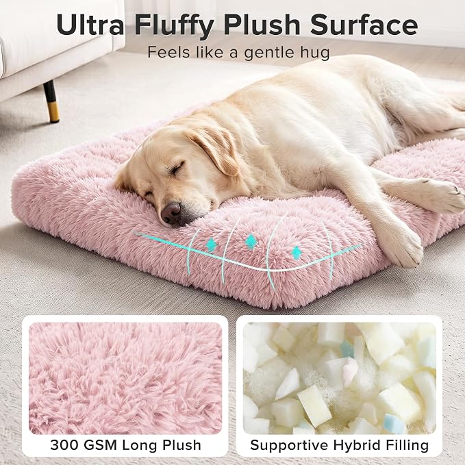 JOEJOY Large Dog Bed Crate Pad, Deluxe Plush Washable Dog Beds Fulffy Soft Kennel Pad Anti-Slip Pet Sleeping Mat for Extra Large Medium Small Dogs, 40" x 27", Pink