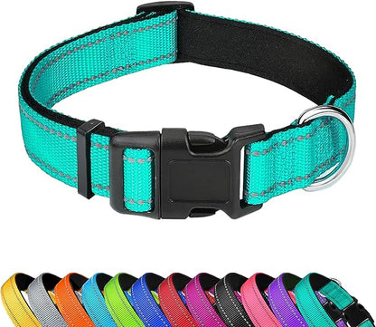 Reflective Dog Collar, Adjustable Soft Neoprene Padded Nylon Pet Collars with Buckle for Large Dogs, Teal,L