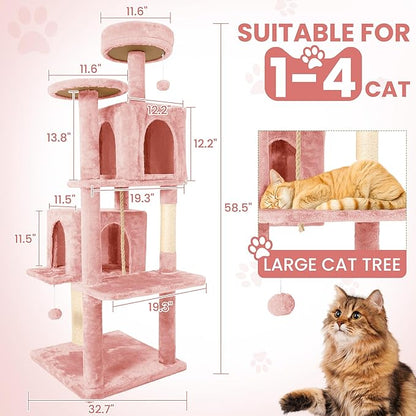 58.5inch Large Cat Tree Tower Condo for Indoor Cats, Soft Plush Multi-Level Climbing Tree Cat House with 1 360° Rotating Cat Cave, Scratching Post, More Entrance/Exit, Sisal Rope, Pink