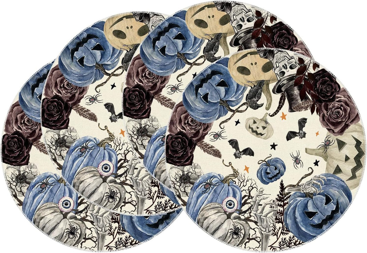 XCHI Spooky Blue Pumpkin Halloween Round Placemats Set of 4 Table Mats for Party Home Kitchen Dining Table Decorations 14x14 Inch