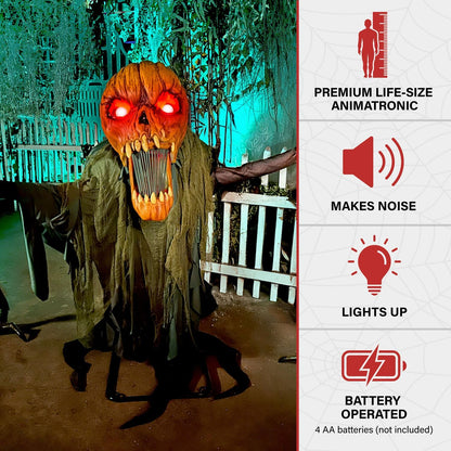 Haunted Hill Farm 7.3-Ft Groundbreaking Jack by Tekky, Halloween Animatronic, Spooky House Wall Decoration, Creepy Indoor & Covered Outdoor Party Decor, Motion-Activated Lights & Sound, Life-Size