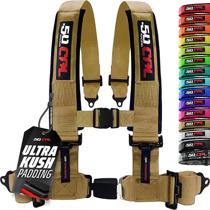 1pc 50 Cal Gold 4 Point Harness 3in Straps, Racing Harness Seat Belt | Ultra Kush padding, Push Button quick release hardware. Universal Fit for UTV, RZR, race car.