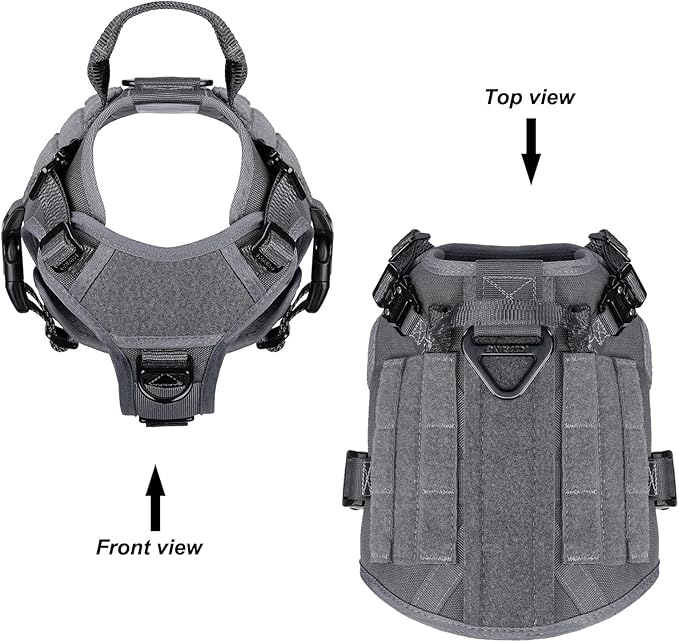 ICEFANG Tactical Dog Harness, Small Size,2X Metal Buckle,Working Dog MOLLE Vest with Handle,No Pulling Front Leash Clip,Hook and Loop Panel (Grey,S (Pack of 1))