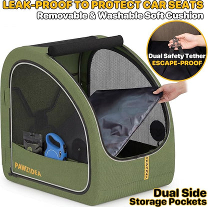 PAWZIDEA Portable Dog Crate for Car Travel, Medium & Large Dogs Up to 80lbs | Soft-Sided Dog Car Kennel for Backseat, Secures Seatbelt & Headrest Strap, Collapsible Enclosed Car Seat Carrier, Chew-Proof