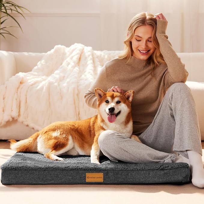 Patas Lague Orthopedic Large Dog Bed Pet Sofa Mat 48''X30'' Dark Grey | Egg-Crate Foam Dog Couch For Large Sized Dogs, Waterproof Removable Washable Cover, Soft Pet Crate Bed With Nonskid Bottom