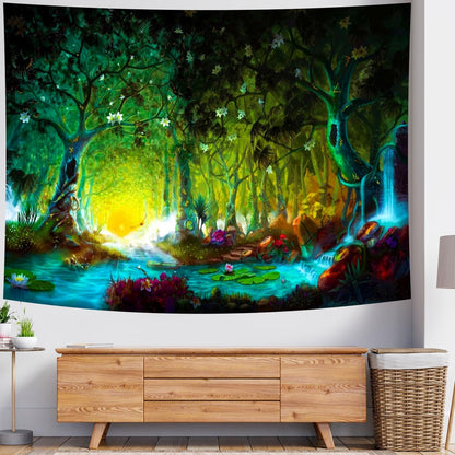 Delur Fantasy Forest Tapestry Mystical River Enchanted Magical Fairy Tale Tree Tapestry Sunrise Landscape Sunset Nature Psychedelic Wall Hanging Headboard for Bedroom Living Room Home Decor (70.8" x 92.5")
