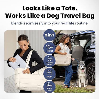 rubyloo Puffer Dog Travel Bag for Dog Moms – Doggy Diaper Bag with Pet Bowls & Food Storage or Everyday Puffy Tote – Doggy Mom Gifts for Women – Lightweight, Travel-Ready Gift for Pet Lovers – Beige