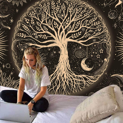 FORATER Tree of Life Tapestry Wall Hanging Sun Moon Stars Tapestries Aesthetic Galaxy Wall Tapestry Nature Home Decoration for Living Room Bedroom(61 x 82 Inch, Black and Gold)