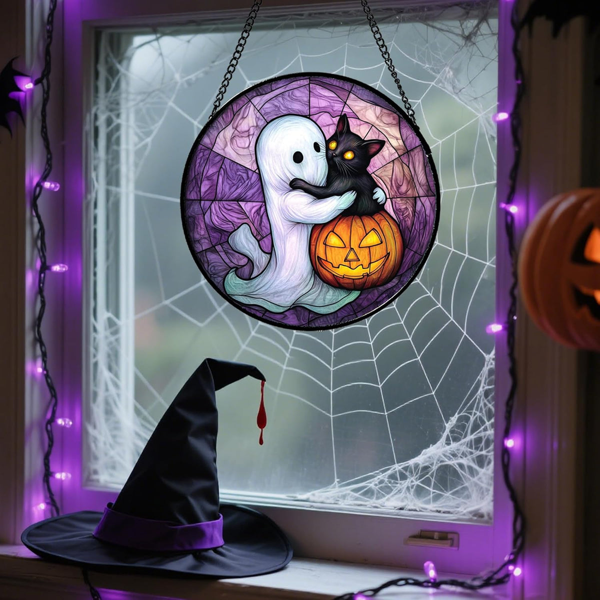 Stained Glass Window Hanging - Halloween Decorations Ghost Black Cat Pumpkin Suncatcher for Door Garden Spooky Purple Sun Catchers Gothic Decor Horror Gifts for Women Men Friend Boy 9.8 in