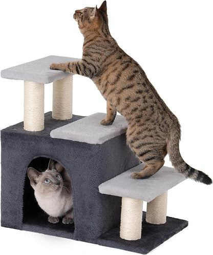 3-in-1 Pet Stairs for Cats, Dog Steps for Small Doggie Rabbits, 6.29''Depth Cat Stairs, Indoor Cat Ladders for High Bed for Pet's Joints, 1 Cat Condo Cave, Sisal Scratcher, Grey, Medium