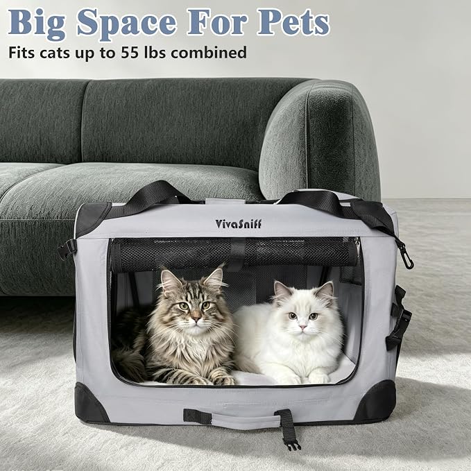 Large Cat Carrier, Foldable Car Travel Dog Crate-Small Dogs | 24" Fits 2 Cats or 1 Small Dog, up to 55 lbs, Soft mat, zipper lock prevents escapes, Foldable Car Travel Pet Crate