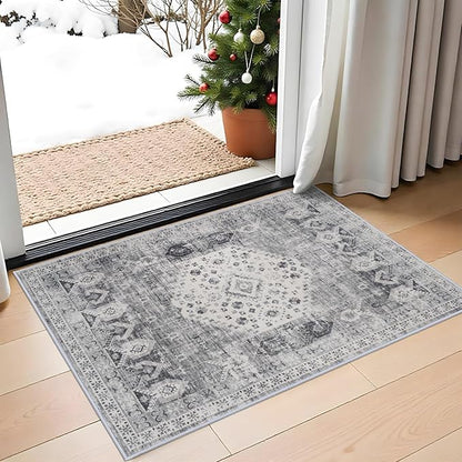 RUUGME Washable 2x3 Area Rug - Entryway Vintage Rustic Style Area Rugs Non Slip Stain Resistant Carpet for Living Room Bedroom Dining Room Kitchen Distressed Floor Mat (2'x3', Grey)