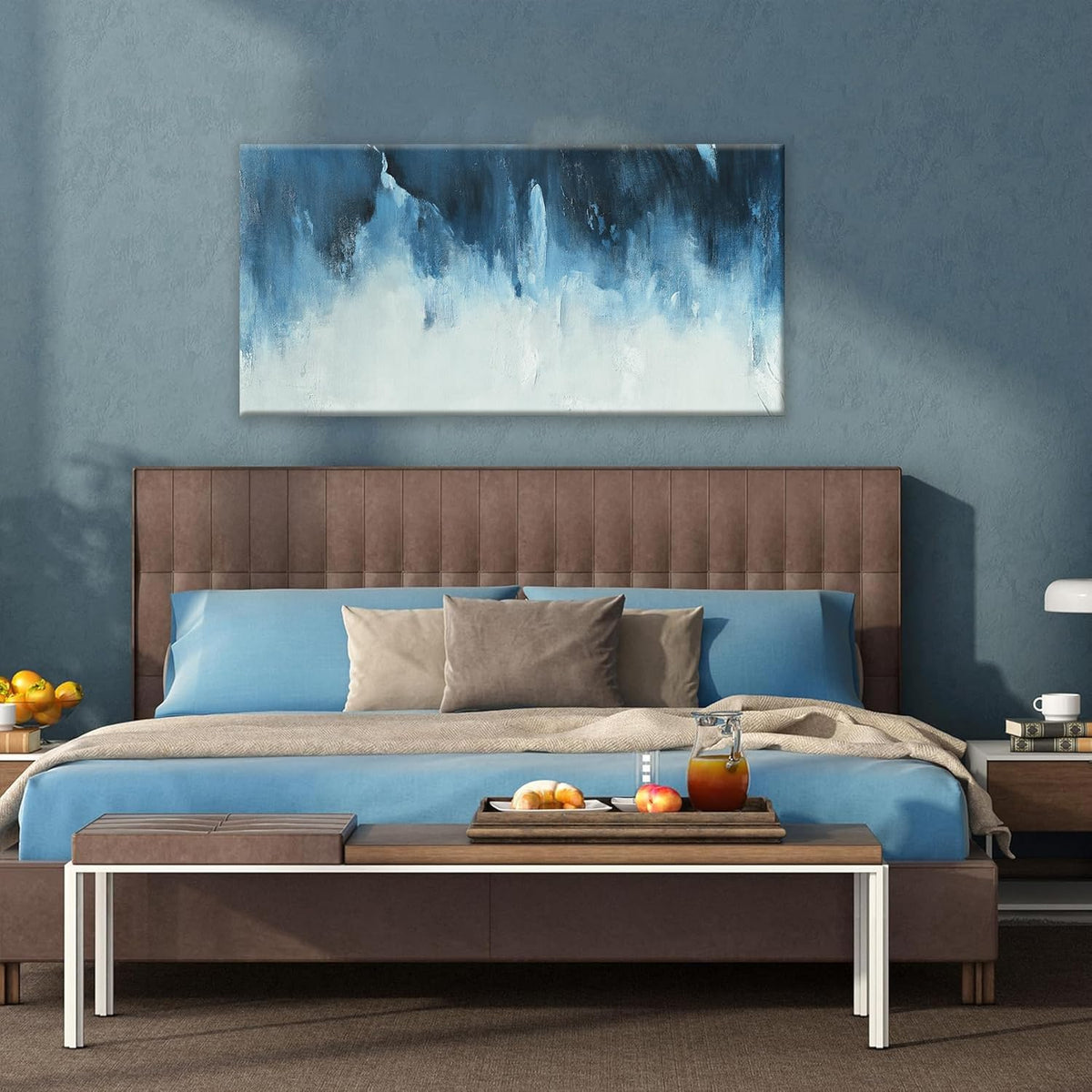 Canvas Wall Art Decor White Blue Wall Art Decor Abstract Art Decoration Pictures For Living Room Art Work Modern Abstract Wall Art Paiintings Prints for Home Bedroom Office Room Wall Decor 24" x 48"