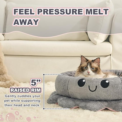 Cute Calming Dog Beds Clearance for Medium Small Dogs, Anxiety Bolster Dog Bed with Octopus Shape, Grey, M, Boho, Round Pet Bed Cat with Removable Cushion