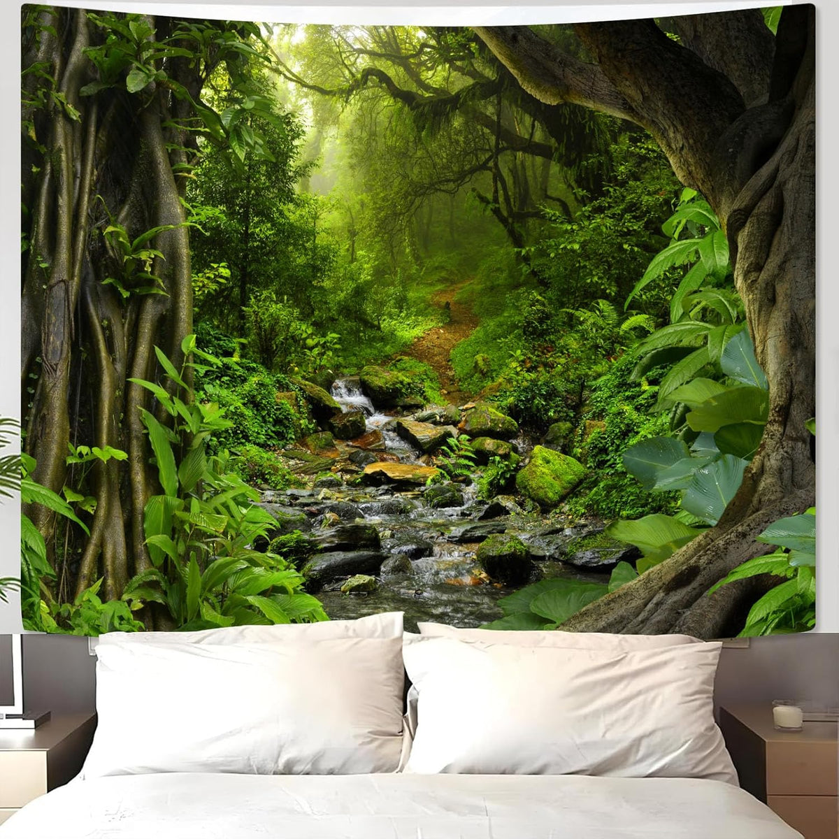AMM Green Rainforest Tapestry Nature Forest Tapestry for Bedroom Aesthetic Misty Tropical Jungle Trees Flowing Stream Landscape Tapestries Wall Hanging for Living Room Dorm 80 x 60 Inch