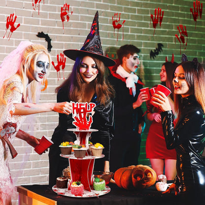 Sliner 3 Tier Halloween Bloody Cupcake Stand Party Decorations Bloodys Handprint Cupcake Holder Halloweens Bloodys Help Cake Holder Bloody Theme Dessert Stand for Horror Scary Party Supplies
