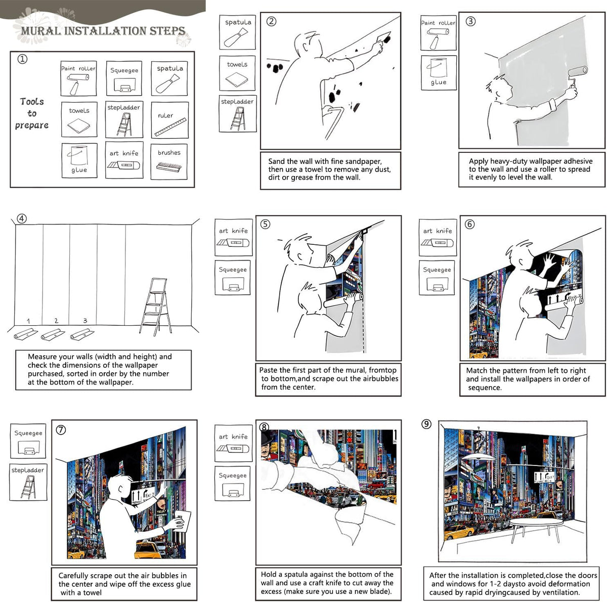 AFZEVEB-Hand-Painted New York City Wallpaper Wall murals for Bathroom 136"x96" (Not Peel and Stick)