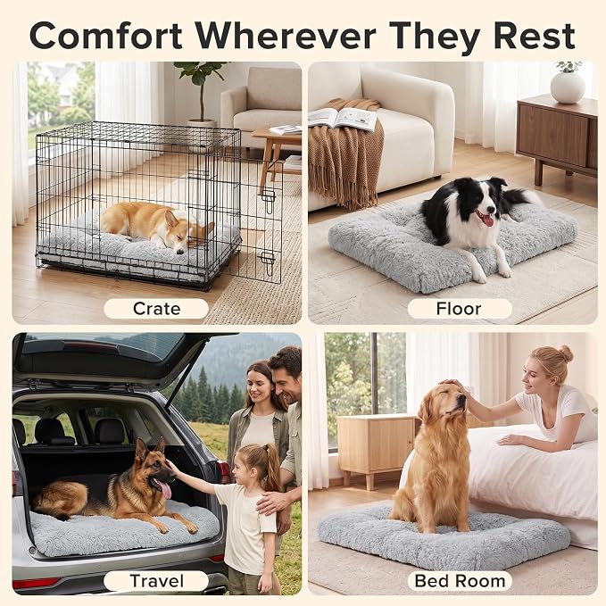 JOEJOY Large Dog Bed Crate Pad, Deluxe Plush Washable Dog Beds Fulffy Soft Kennel Pad Anti-Slip Pet Sleeping Mat for Extra Large Medium Small Dogs, 44" x 32", Grey