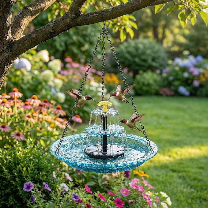 Solar Cascade Hanging Bird Bath Fountain, 2026 Upgraded Hanging Bird Bath with Flowing Water for Outdoors Garden Patio Backyard Lawn Decor (Purple)