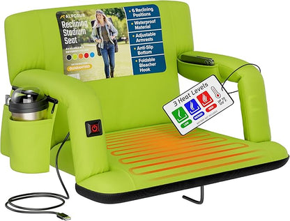Alpcour Heated Reclining Stadium Seat for Bleachers – Wide Bleacher Chair with Back Support and Cushion, Armrests, Side Pockets, & Hook – Stadium Seats Chairs for Camping, Kayak, Paddle Board & More