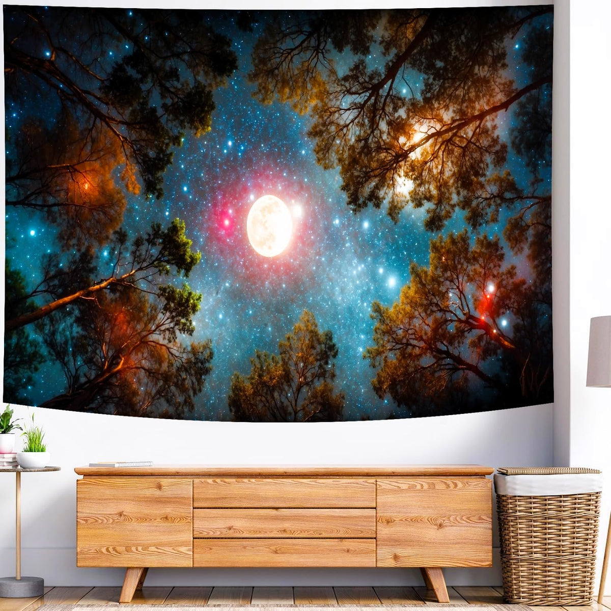 Delur Forest Tapestry Galaxy Moon Stars Night Space Starry Sky Wall Hanging Tapestry Aesthetic Tree Nature Landscape Psychedelic Headboard for Bedroom Living Room Home Decor (70.8" x 92.5")