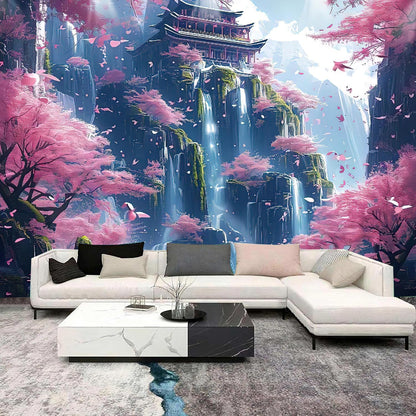 FENDROM Japanese Aesthetic Pink Cherry Blossom Tree Tapestry Building On Mountains Waterfall River Fairytale World Asian Art Tapestry for Bedroom Living Room
