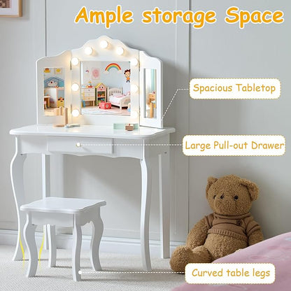 Kids Vanity, Little Girls Vanity Set with Stool and Light, 2 in 1 Wooden Kids Vanity Table and Chair Set, Princess Makeup Table with Drawer for Girls