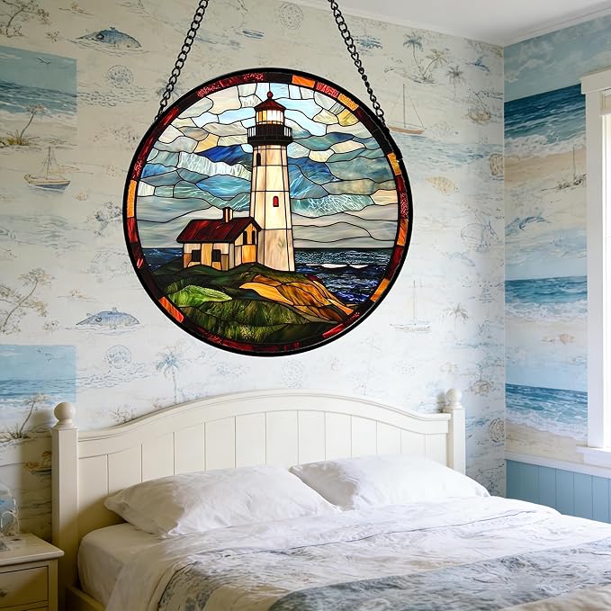 Stained Glass Window Hanging, Ocean Lighthouse Sun Catchers Glass Panel Blue Green Suncatcher Decor for Birthday for Women, Men, Wife, Aunt, and Mom 7.8 in