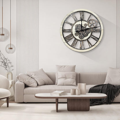HOIBAI Large Wall Clock, Wall Clocks for Living Room Decor 30 Inch Farmhouse Vintage Rustic Kitchen Wall Decor Vintage Roman Oversized Wall Clock for Home Bedroom House, Moving Gears Clock