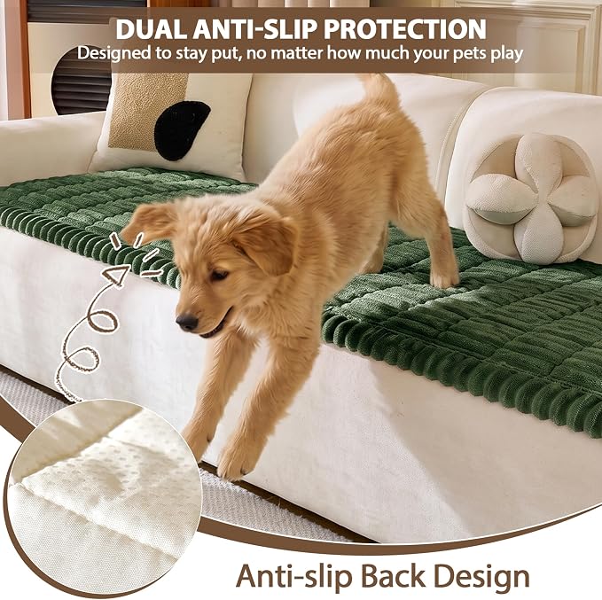 FUANGUI Waterproof Couch Cover Sofa Cover for Dogs and Pets Sofa Protector | Non-Slip Washable Fuzzy Soft Cat Bed Sofa Slipcover for 2-3 Cushion Couch Sofa Pet Friendly, Dark Green, 27.6" x 59.1", 1 pcs