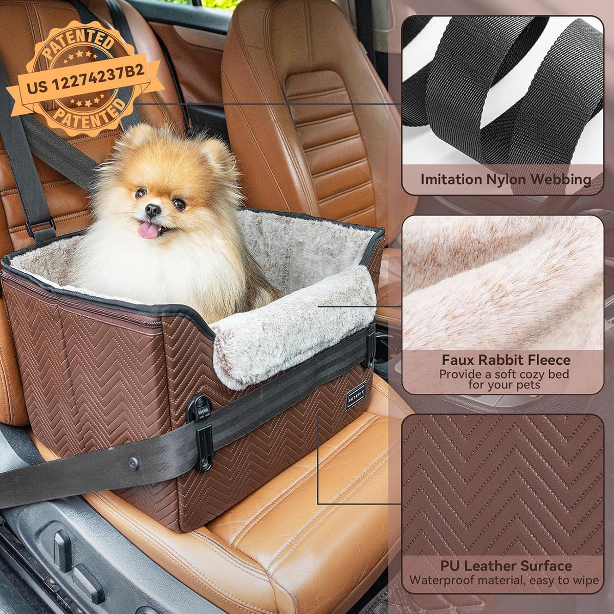 PETSFIT Car Seat for Dogs, Waterproof PU Leather Dog Car Seat for Small Dogs with Patent Safe Buckles, Clip-On Leash, Pet Travel Carrier Bed for Small Pets Up to 25lbs (Brown)