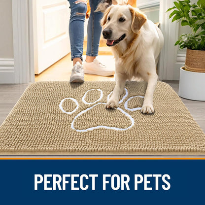 OLANLY Door Mat for Muddy Dog Paws 59x35, Ultra Absorbent Chenille Mud Doormat with Paw Print Design, Non-Slip Washable Doormat for Indoor Entryway, Quick-Dry Pet Bed Mats for Dirty Dogs, Beige