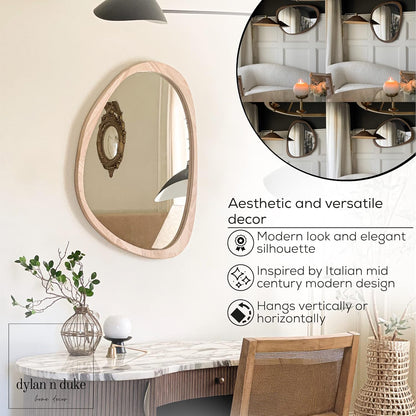 Irregular Wood Frame Boho Mirror - Large Wall Mounted Accent, Asymmetrical, Modern Aesthetic Wall Decor for Bedroom, Entryway, Living Room, Bathroom (Natural)