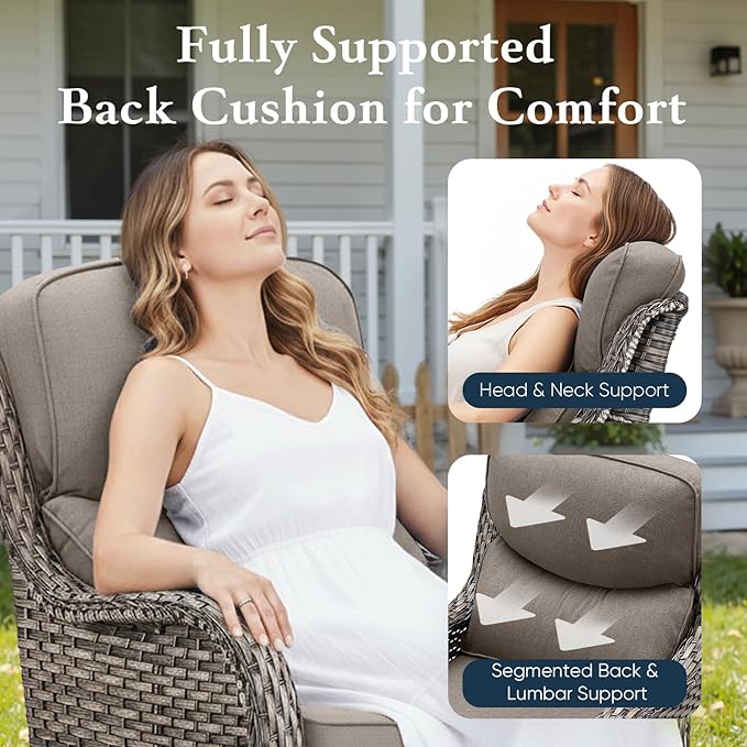 Belord Luxury 6" Thick Cushioned Outdoor Swivel Rocker Patio Chairs with Side Table, 3 Pieces High Back Wicker Furniture Set with Ergonomic Back, Conversation Gliders Set for Deck Porch - Grey+Grey