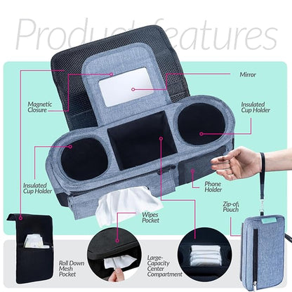 Swanoo Stroller Caddy Organizer With Cup Holder, Non-Slip Straps, Bag for Phone, Pet Accessories, Universal Fits Uppababby Vista v2 Wonderfold Wagon, Doona and More