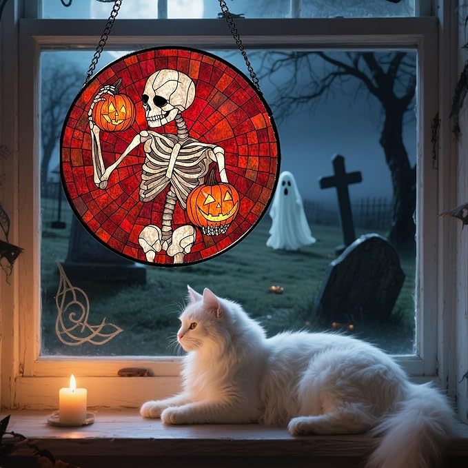 Stained Glass Window Hanging - Halloween Decorations Skeleton Pumpkin Suncatcher for Doors Garden Indoor Spooky Funny Sun Catchers Gothic Decor Horror Gifts for Women Men Friend 15 in