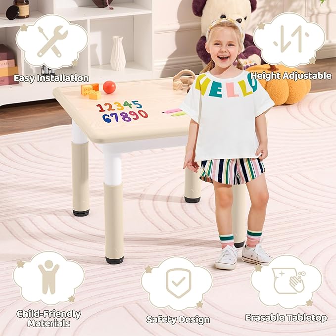 Toddler Table, 7 Level Height Adjustable Kids Play Furniture for Ages 3-8, Rectangular Plastic, 23.6" W x23.6 L, Multi-Activity Desk with Graffiti Desktop for Home & Daycare