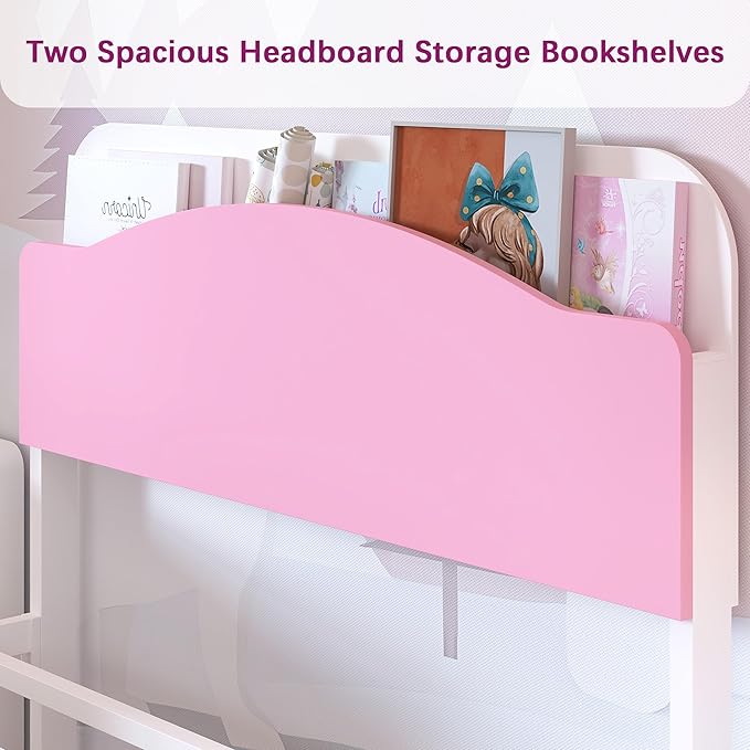 Timy Kids Twin Bed Frame with Bookcase Headboard and Footboard, Metal Platform Bed Frame for Boys Girls Teens, No Box Spring Needed, White and Pink