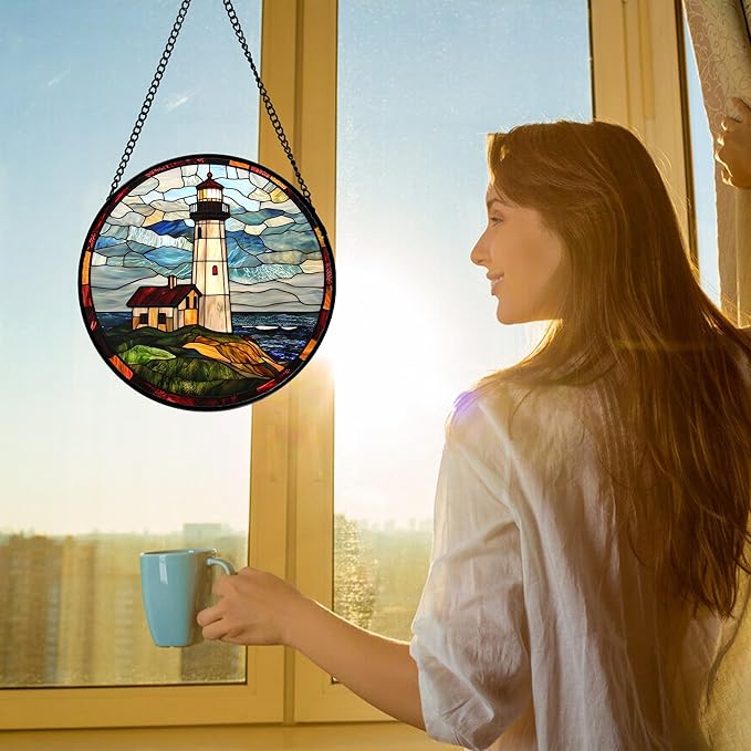 Stained Glass Window Hanging, Ocean Lighthouse Sun Catchers Glass Panel Blue Green Suncatcher Decor for Birthday for Women, Men, Wife, Aunt, and Mom 6.3 in