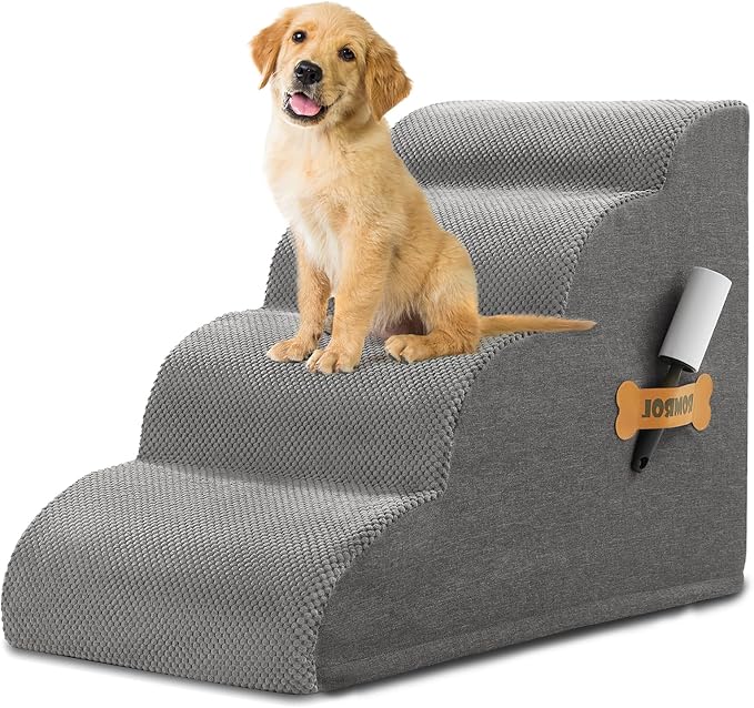 Dog Stairs, Romrol Dog Steps Ramp for High Bed and Couch, Dogs Ramp with Durable Non-Slip Waterproof Fabric Cover, Pet Stairs for Small Dogs and Cats or Pets Joints, 4-Tiers,Grey