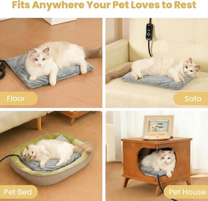 Cat Heating Pad, Heated Cat Bed with 5 Heat Levels, Timer & Auto Shut-Off, Waterproof Warmer with Thick Fleece Cover, Chew-Resistant Cord, for Indoor & Sheltered Outdoor Use (Gray, Small)