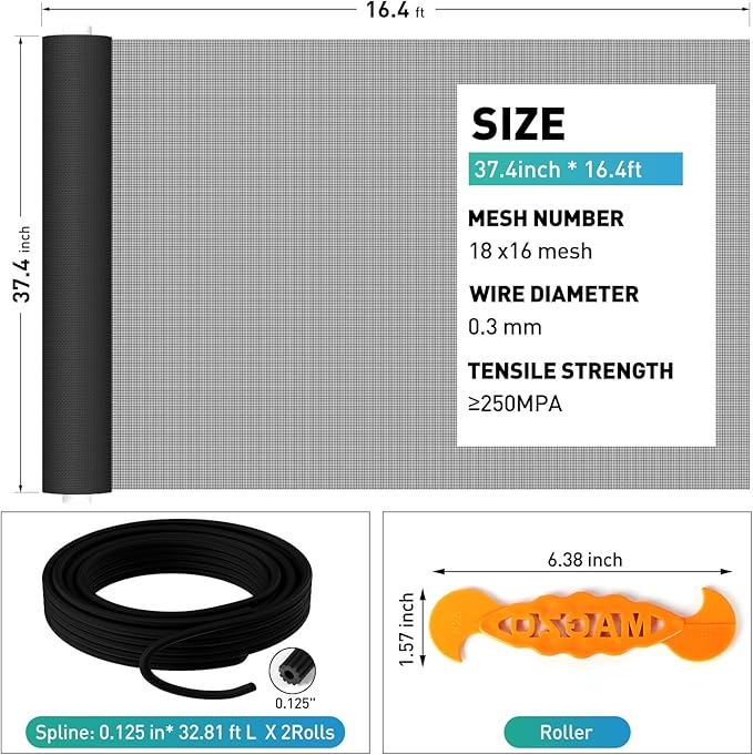 Pet Proof Window Door Screen Roll,37.4INx16.4FT Polyester Window Screen Mesh,Heavy Duty Screen Replacement Kit for Window, Door,Pet,Patio,Porch (18x16 Mesh)